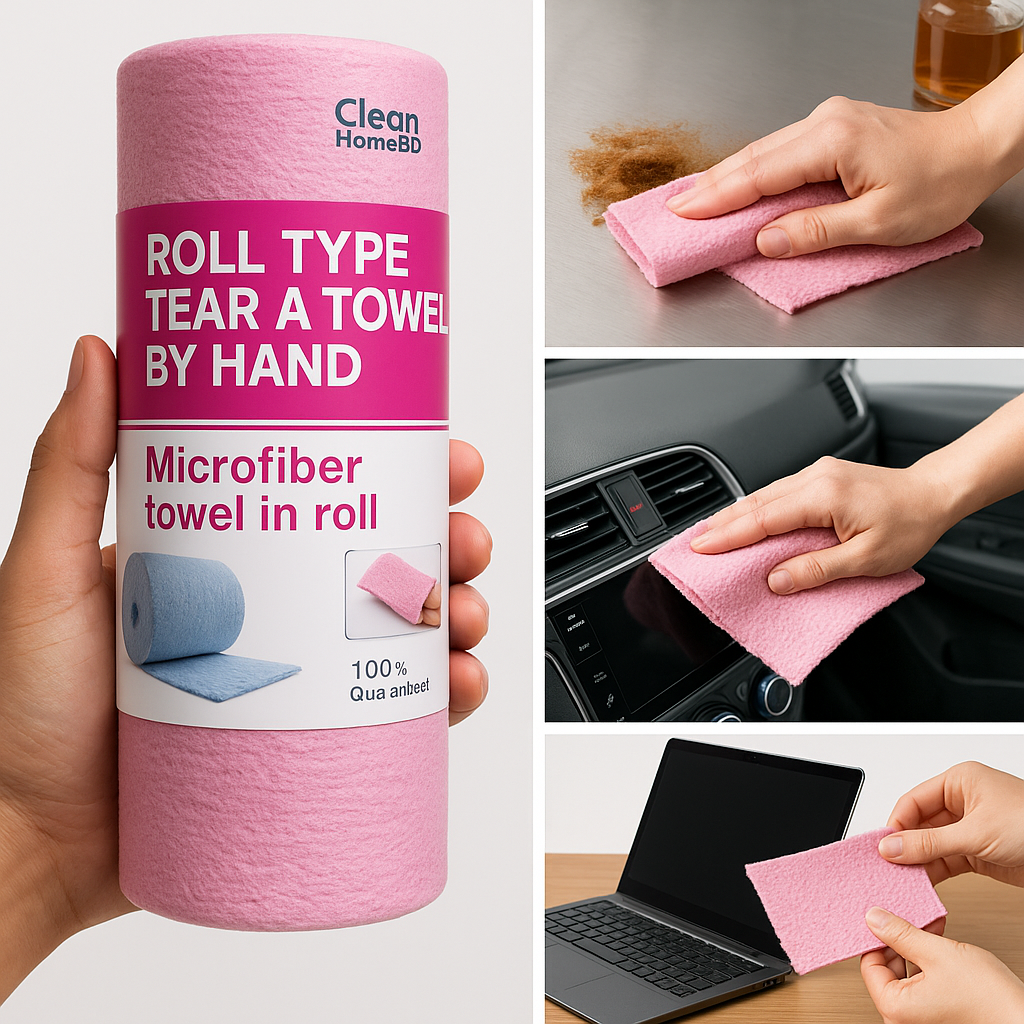 CleanHomeBD microfiber towel রোল থেকে শীট ছিঁড়ে ব্যবহার করা হচ্ছে